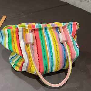 Multicolor Striped Sequin Tote Bag Double Handles Zip Closure Inner Pockets